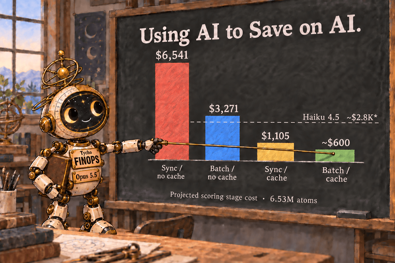 Tycho points to a chart of projected scoring-stage costs for 6.53 million atoms: $6,541 for sync with no cache, $3,271 for batch with no cache, $1,105 for sync with cache, about $600 for batch with cache, and a roughly $2.8K historical Haiku 4.5 comparator.